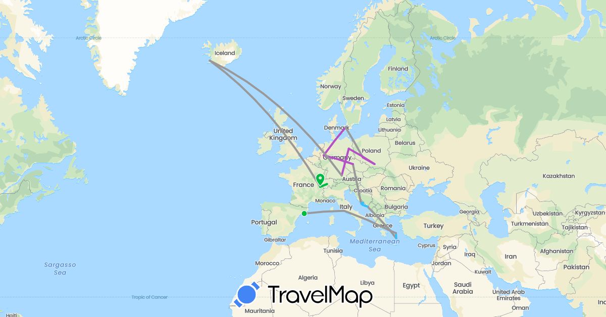 TravelMap itinerary: driving, bus, plane, train, boat in Switzerland, Czech Republic, Germany, Denmark, Spain, Greece, Croatia, Iceland, Italy, Poland (Europe)